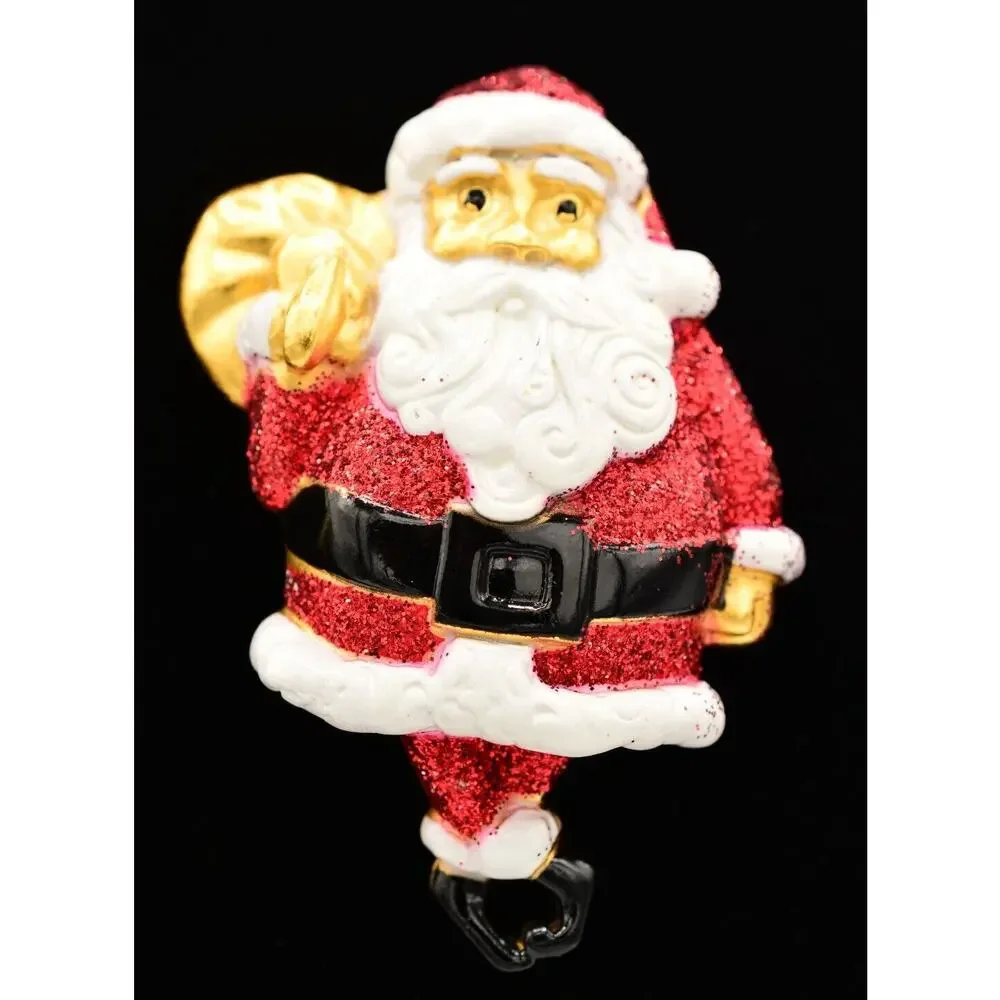 AJC Vintage Christmas Pin Brooch Santa Claus Glitter Heavy Chunky Signed 80s 9B